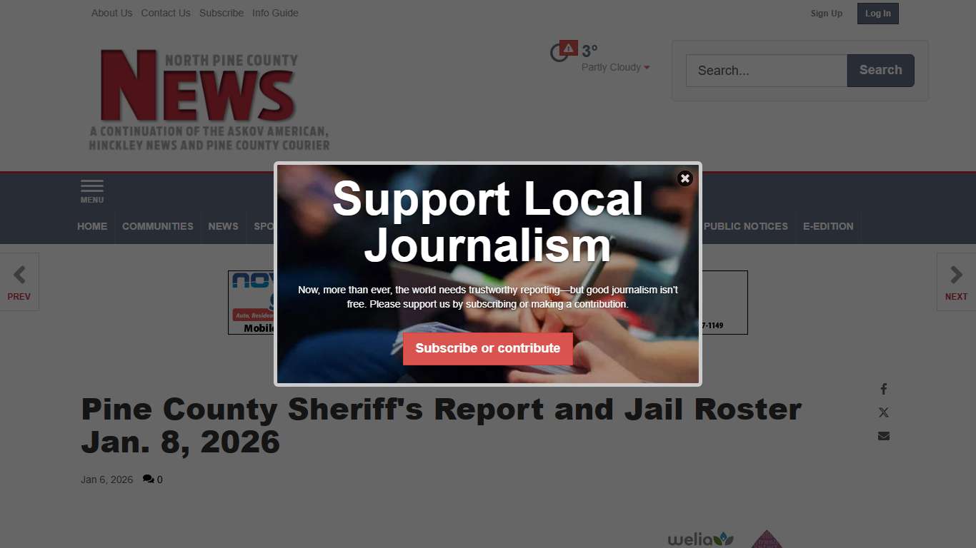 Pine County Sheriff's Report and Jail Roster Jan. 8, 2026 | News | pinecountynews.com